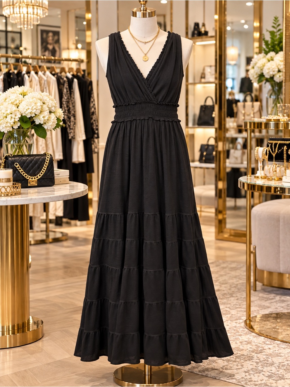 Max Studio Black Sleeveless V-Neck Tiered Maxi Dress